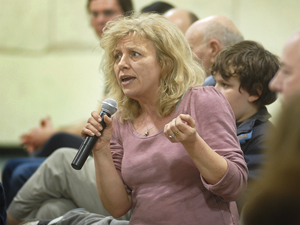 Lindsey Eckert of Morrisville addresses the senator during the meeting, held at Morristown Elementary School. 