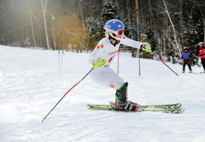 Harwood alpine skier Sophie Dasaro makes a turn at Cochran’s Ski Area last Thursday, Feb. 6. Dasaro finished 16th in the race.