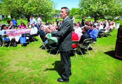 Lt. Gov. Phil Scott delivers remarks at the Vermont Fuel Dealers Association’s annual meeting outside the Stoweflake Mountain Resort and Spa on Thursday, May 29.