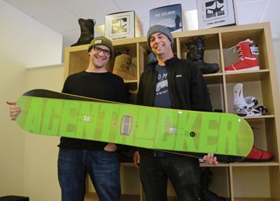 Rome Snowboards co-founders Paul Maravetz and Josh Reid in the company’s Waterbury office.