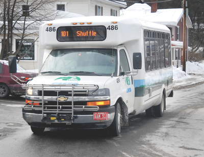 The Mountain Road Shuttle completes a loop in Stowe village