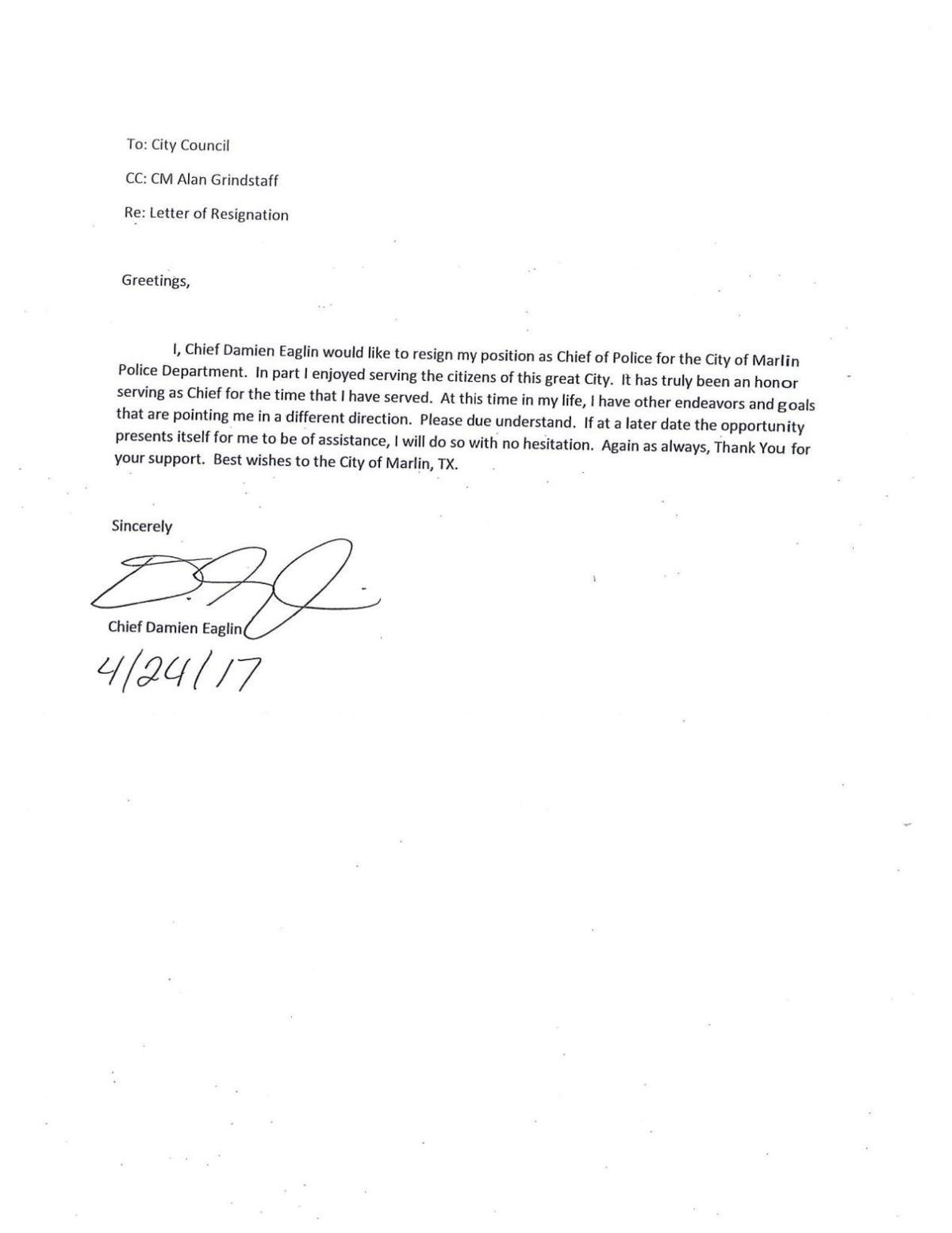 Marlin police chief's resignation letter | | wacotrib.com Marlin police chief's resignation letter | | wacotrib.com