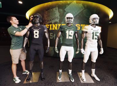 baylor football bears uniforms uniform wacotrib adjusts mannequin combinations barlow jeff featuring director equipment different three services wear