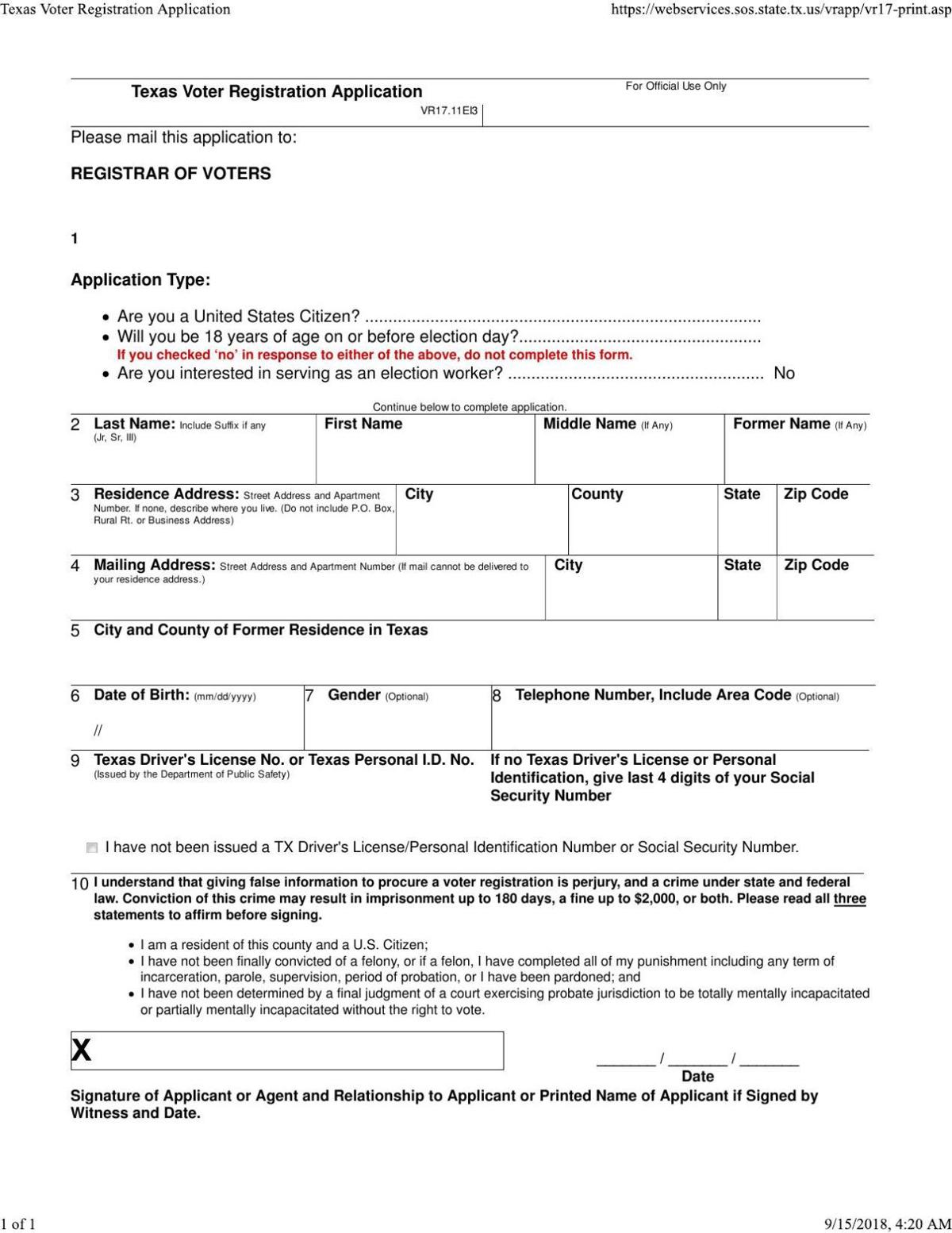 Texas Voter Registration Application (in English - PDF ...