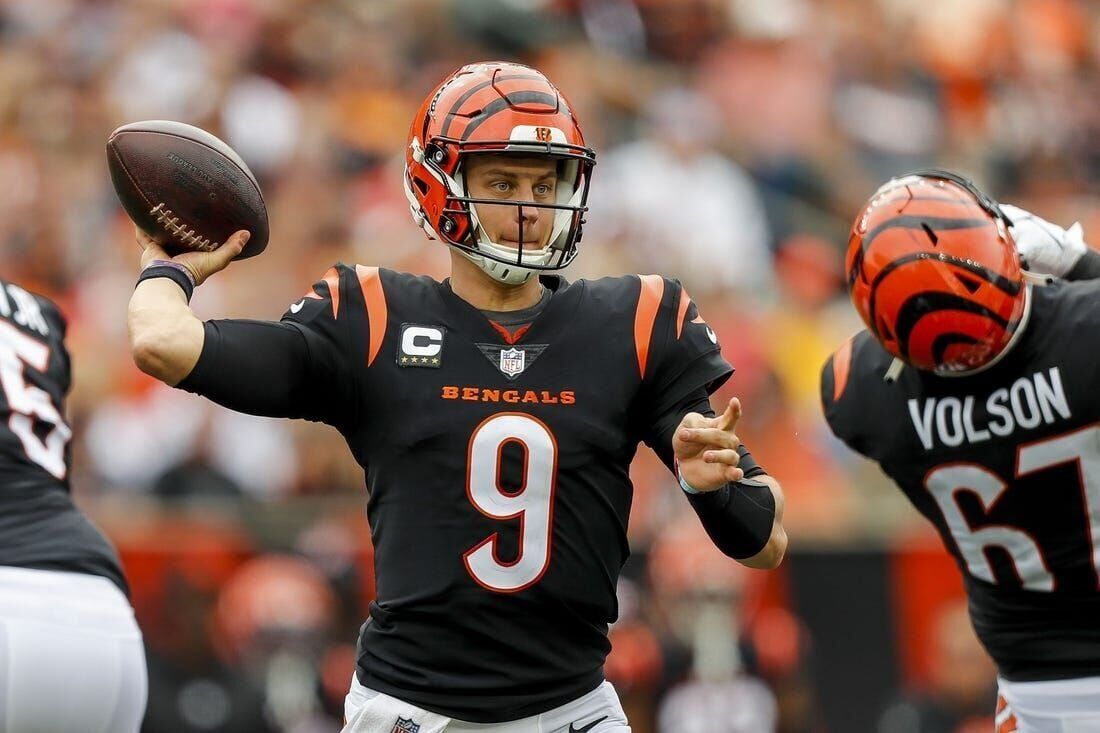 Cincinnati Bengals quarterback Joe Burrow (9) checks on Tee Higgins (85)  after Higgins was hurt on a play during the first half of an NFL football  game against the New York Jets