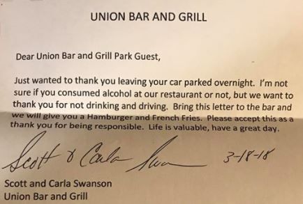 Union Bar and Grill letter