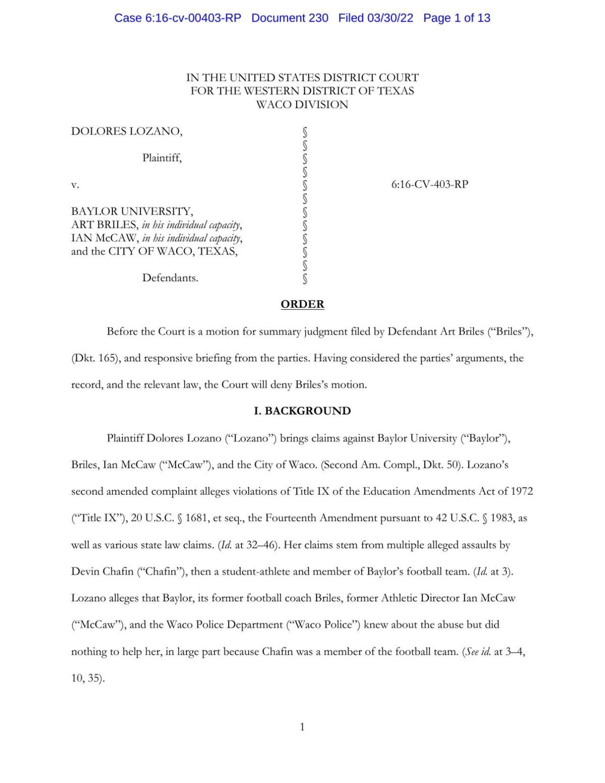 PDF: Judge denies Art Briles' motion for summary judgment