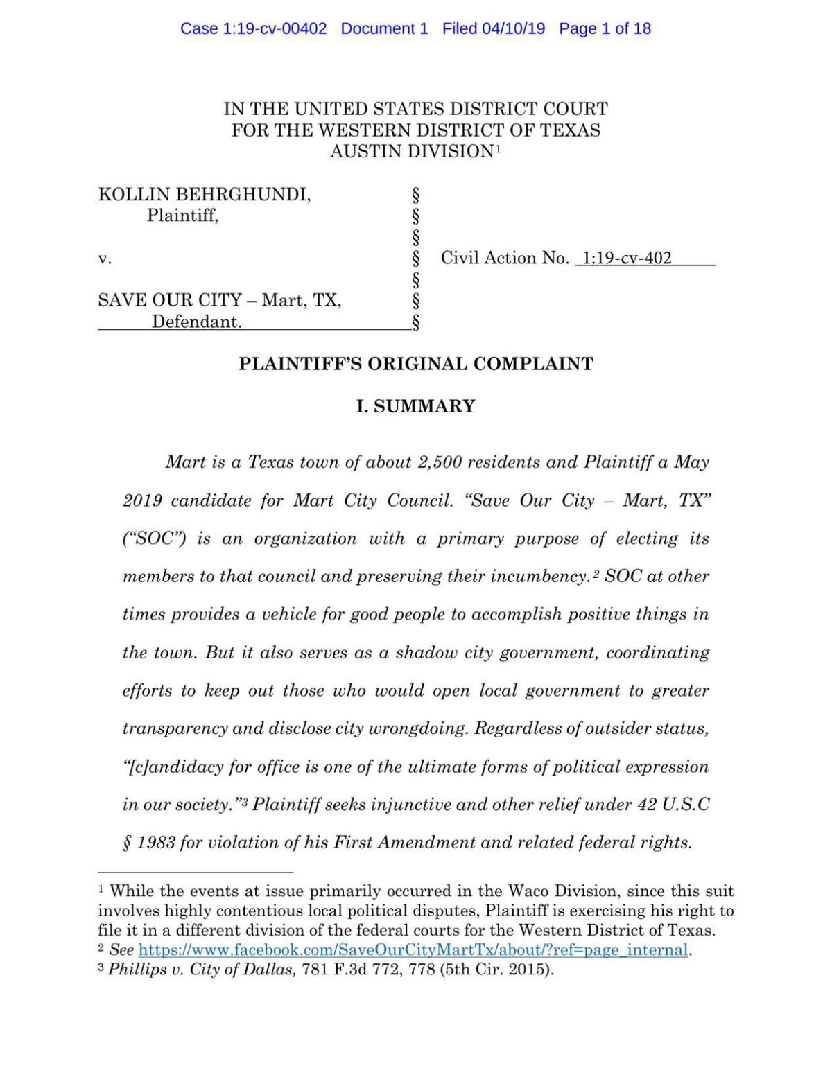 Pdf Behrghundi Vs Save Our City Mart Lawsuit Wacotrib Com