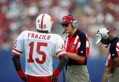 Aug 1994; E. Rutherford, NJ, USA; FILE PHOTO; Nebraska Cornhuskers head coach Tom Osborne talks to quarterback Tommie Fraizer during the 1994 season at Giants Stadium. Mandatory Credit: Photo By USA TODAY Sports