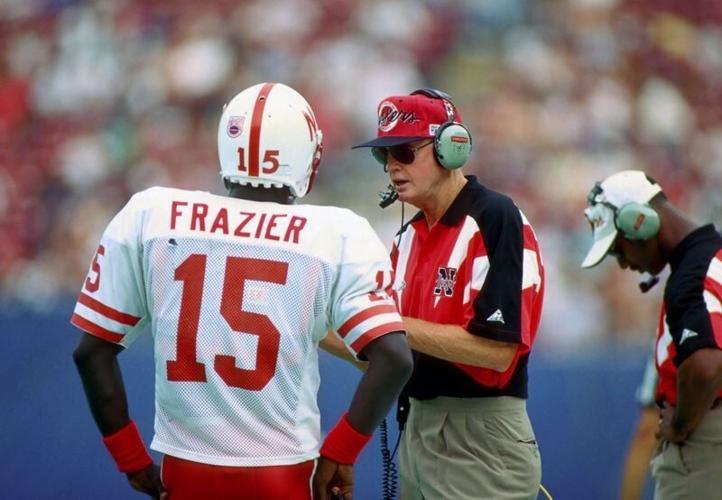 Aug 1994; E. Rutherford, NJ, USA; FILE PHOTO; Nebraska Cornhuskers head coach Tom Osborne talks to quarterback Tommie Fraizer during the 1994 season at Giants Stadium. Mandatory Credit: Photo By USA TODAY Sports