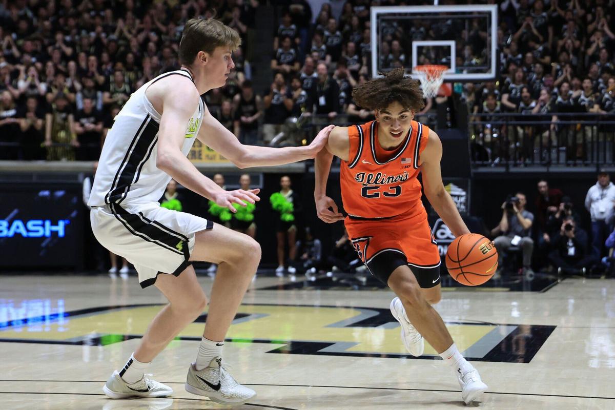 Illinois' Keaton Wagler drives against Purdue's Daniel Jacobsen during the first half at Mackey Arena on Saturday, Jan. 24, 2026, in West Lafayette, Indiana.
