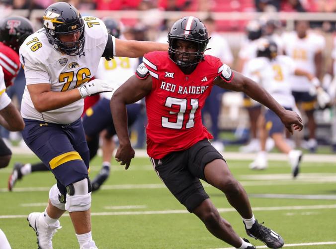 Texas Tech's David Bailey rushes the Kent State offense during a non-conference football game, Saturday, September 6, 2025, at