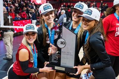 Nov 28, 2025; Lincoln, Neb, USA; Nebraska Cornhuskers libero Laney Choboy (6), setter Bergen Reilly (2), middle blocker Andi Jackson (15) and outside hitter Harper Murray (27) pose with the 2025 Big Ten Volleyball Champions trophy after the match agains...
