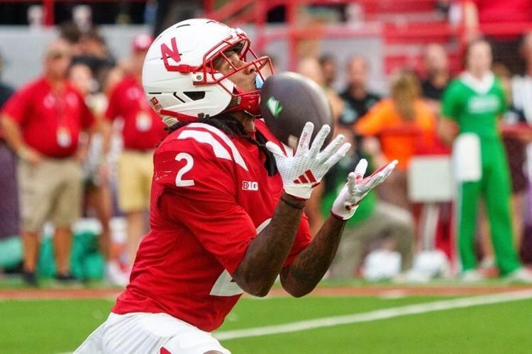Sep 19, 2026; Lincoln, Nebraska, USA;  Nebraska Cornhuskers wide receiver Jacory Barney Jr. (2) catches a punt against the North Dakota Fighting Hawks during the first quarter at Memorial Stadium.  Mandatory Credit: Dylan Widger-Imagn Images