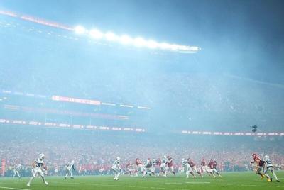 Sep 20, 2026; Kansas City, Missouri, USA;  A general view as Kansas City Chiefs quarterback Patrick Mahomes (15) looks to pass the ball against the Indianapolis Colts during the fourth quarter at GEHA Field at Arrowhead Stadium.  Mandatory Credit: Jay B...