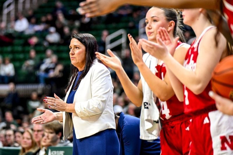 Nebraska's head coach Amy Williams claps after a play during the second quarter in the game against Michigan State on Thursday, Jan. 15, 2026, in East Lansing.