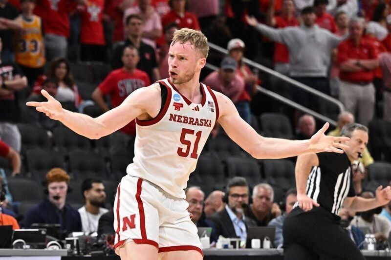 Mar 26, 2026; Houston, TX, USA; Nebraska Cornhuskers forward Rienk Mast (51) reacts in the first half during a Sweet Sixteen game of the South Regional of the men's 2026 NCAA Tournament at Toyota Center. Mandatory Credit: Maria Lysaker-Imagn Images