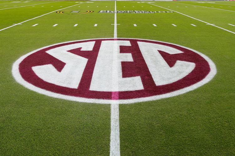 Dec 20, 2025; College Station, TX, USA; A detail view of the SEC logo at Kyle Field prior to the game between the Miami Hurricanes and the Texas A&M Aggies. Mandatory Credit: Maria Lysaker-Imagn Images