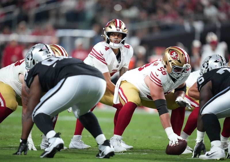 Aug 27, 2026; Paradise, Nevada, USA;  San Francisco 49ers quarterback Adrian Martinez (4) calls the snap count at the line of scrimmage against the Las Vegas Raiders defense during the third quarter at Allegiant Stadium.  Mandatory Credit: Kirby Lee-Ima...