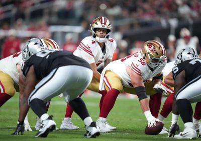 Aug 27, 2026; Paradise, Nevada, USA;  San Francisco 49ers quarterback Adrian Martinez (4) calls the snap count at the line of scrimmage against the Las Vegas Raiders defense during the third quarter at Allegiant Stadium.  Mandatory Credit: Kirby Lee-Ima...