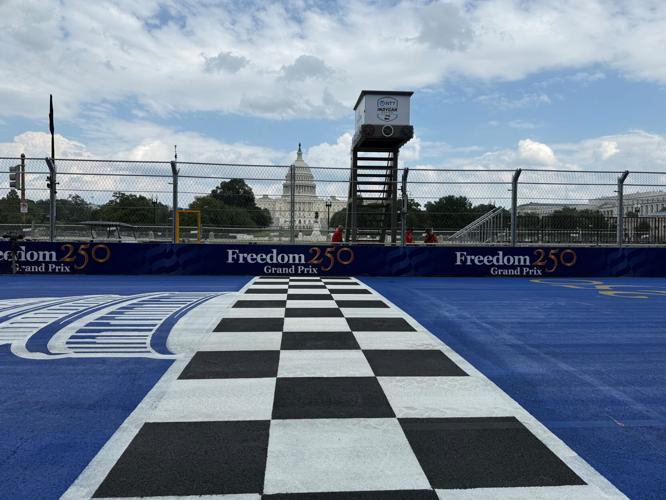 The start/finish line at the IndyCar Freedom 250 highlights the U.S. Capitol building.