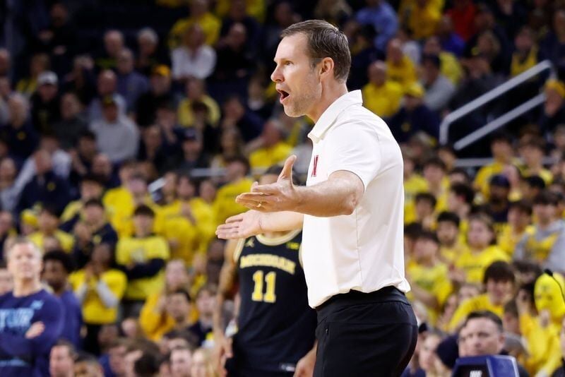 Jan 27, 2026; Ann Arbor, Michigan, USA; Nebraska Cornhuskers head coach Fred Hoiberg reacts in the first half against the Michigan Wolverines at Crisler Center. Mandatory Credit: Rick Osentoski-Imagn Images
