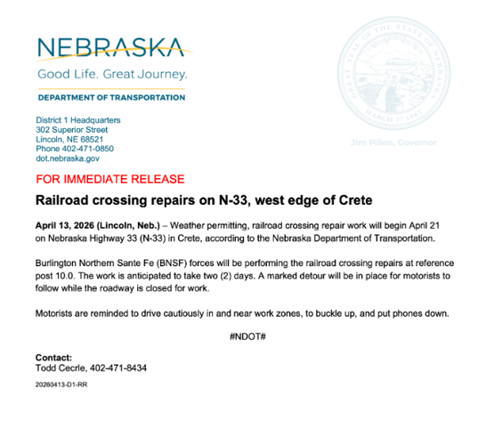 Hwy 33 detour April 21-22 for railroad crossing repairs