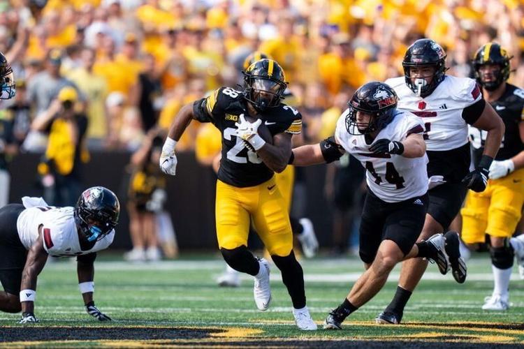 Iowa Hawkeyes running back Kamari Moulton (28) breaks free for a first down against Northern Illinois on Sept. 5, 2026, at Kinnick Stadium in Iowa City.