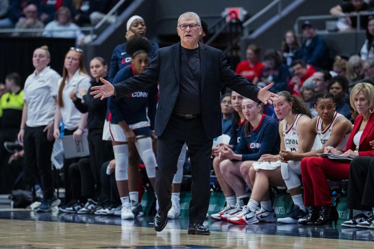 On Dec. 17, 2025, head coach Geno Auriemma of the Connecticut Huskies reacts during the second half of the NCAA women's basketball game against the Marquette Golden Eagles at PeoplesBank Arena in Hartford, Connecticut.