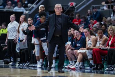 On Dec. 17, 2025, head coach Geno Auriemma of the Connecticut Huskies reacts during the second half of the NCAA women's basketball game against the Marquette Golden Eagles at PeoplesBank Arena in Hartford, Connecticut.
