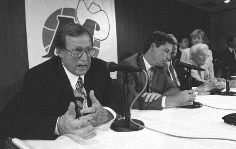Dick Motta answers questions at a press conference on May 17, 1994, after being named the new coach of the Dallas Mavericks for the second time.