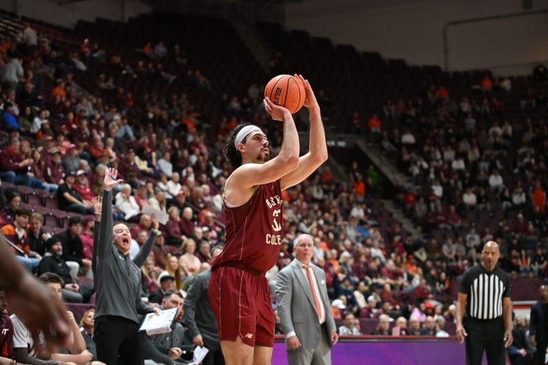 Mar 3, 2026; Blacksburg, Virginia, USA; Boston College Eagles center Boden Kapke (33) shoots a shot against the Virginia Tech Hokies during the first half at Cassell Coliseum. Mandatory Credit: Brian Bishop-Imagn Images