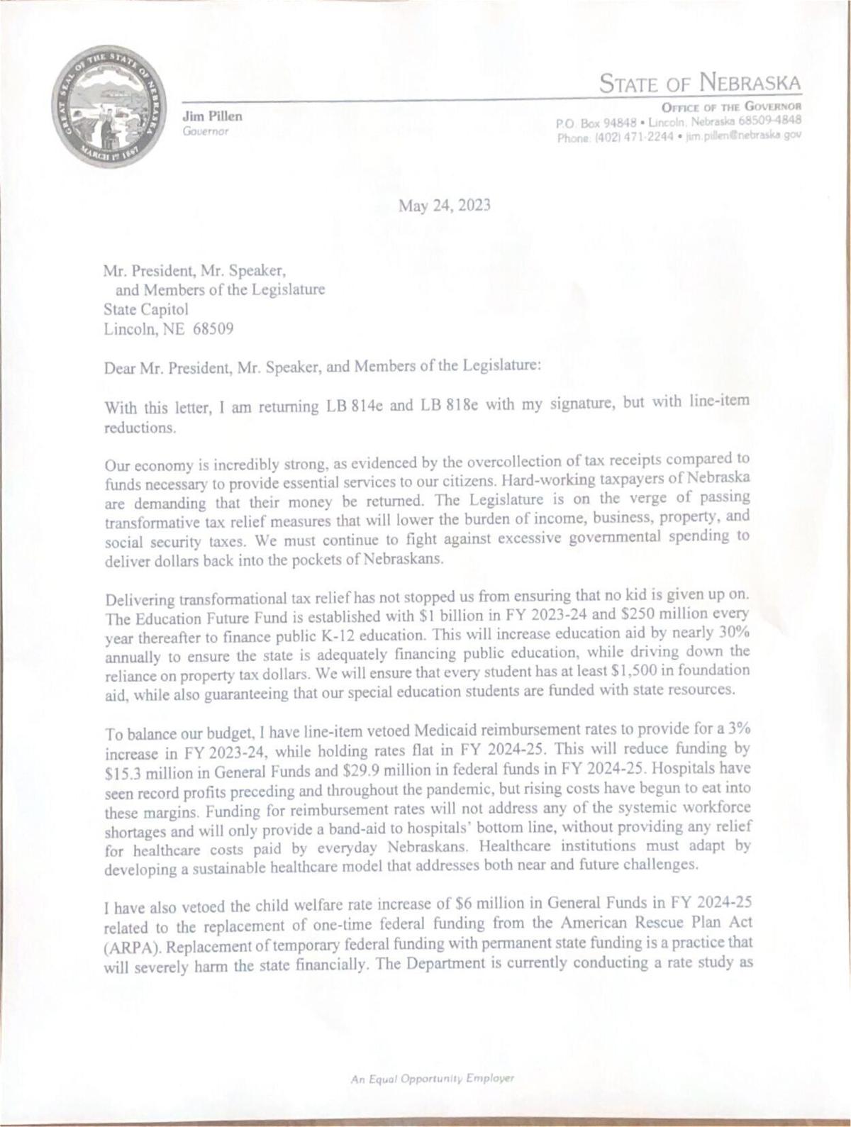 Pillen Veto Letter, May 2023