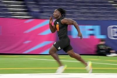 Feb 28, 2026; Indianapolis, IN, USA; Nebraska running back Emmett Johnson (RB10) during the NFL Scouting Combine at Lucas Oil Stadium. Mandatory Credit: Kirby Lee-Imagn Images