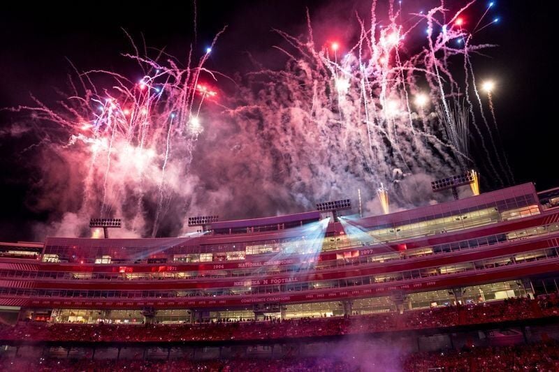 Sep 12, 2026; Lincoln, Nebraska, USA;  Fireworks go off during a drone and light show for America 250 following the game between the Nebraska Cornhuskers and the Bowling Green Falcons at Memorial Stadium.  Mandatory Credit: Dylan Widger-Imagn Images
