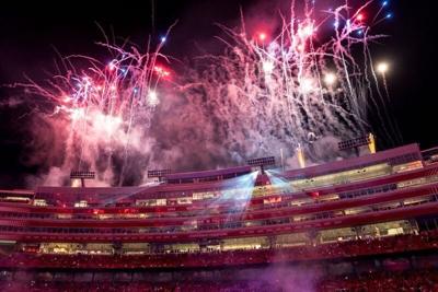 Sep 12, 2026; Lincoln, Nebraska, USA;  Fireworks go off during a drone and light show for America 250 following the game between the Nebraska Cornhuskers and the Bowling Green Falcons at Memorial Stadium.  Mandatory Credit: Dylan Widger-Imagn Images