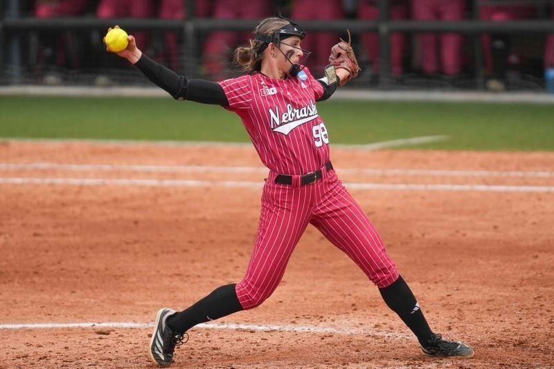 Nebraska's Jordyn Bahl (98) pitches during a NCAA super regionals softball game between the Tennessee Volunteers and Nebraska Cornhuskers at Sherri Parker Lee Stadium in Knoxville, Tenn., on May 25, 2025. Tennessee won 1-0 against Nebraska.