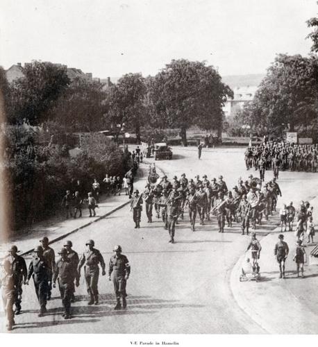 8. 137th Infantry in V-E Day parade, Hamelin, Germany, 5-8-1945 (unit history, p. 113; courtesy, KS Natl Guard Museum).jpg