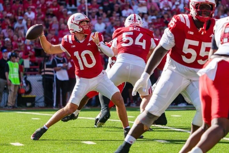 Oct 3, 2026; Lincoln, Nebraska, USA;  Nebraska Cornhuskers quarterback Anthony Colandrea (10) passes against the Maryland Terrapins during the first quarter at Memorial Stadium.  Mandatory Credit: Dylan Widger-Imagn Images