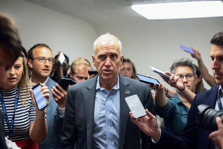 U.S. Senator Thom Tillis (R-NC) speaks to reporters after President Trump said he may temporarily drop the nomination of Todd Blanche to be U.S. attorney general