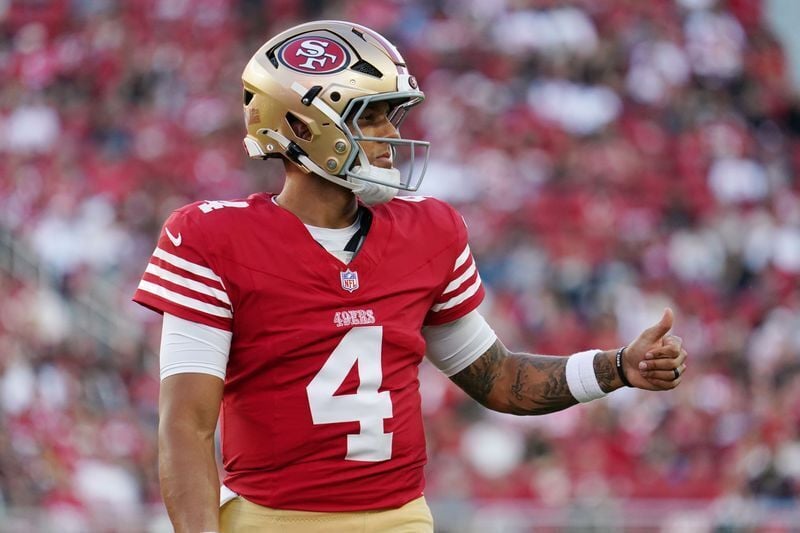 Aug 13, 2026; Santa Clara, California, USA;  San Francisco 49ers quarterback Adrian Martinez (4) gives a thumbs up in the second quarter against the Tennessee Titans at Levi's Stadium. Mandatory Credit: David Gonzales-Imagn Images