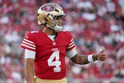 Aug 13, 2026; Santa Clara, California, USA;  San Francisco 49ers quarterback Adrian Martinez (4) gives a thumbs up in the second quarter against the Tennessee Titans at Levi's Stadium. Mandatory Credit: David Gonzales-Imagn Images