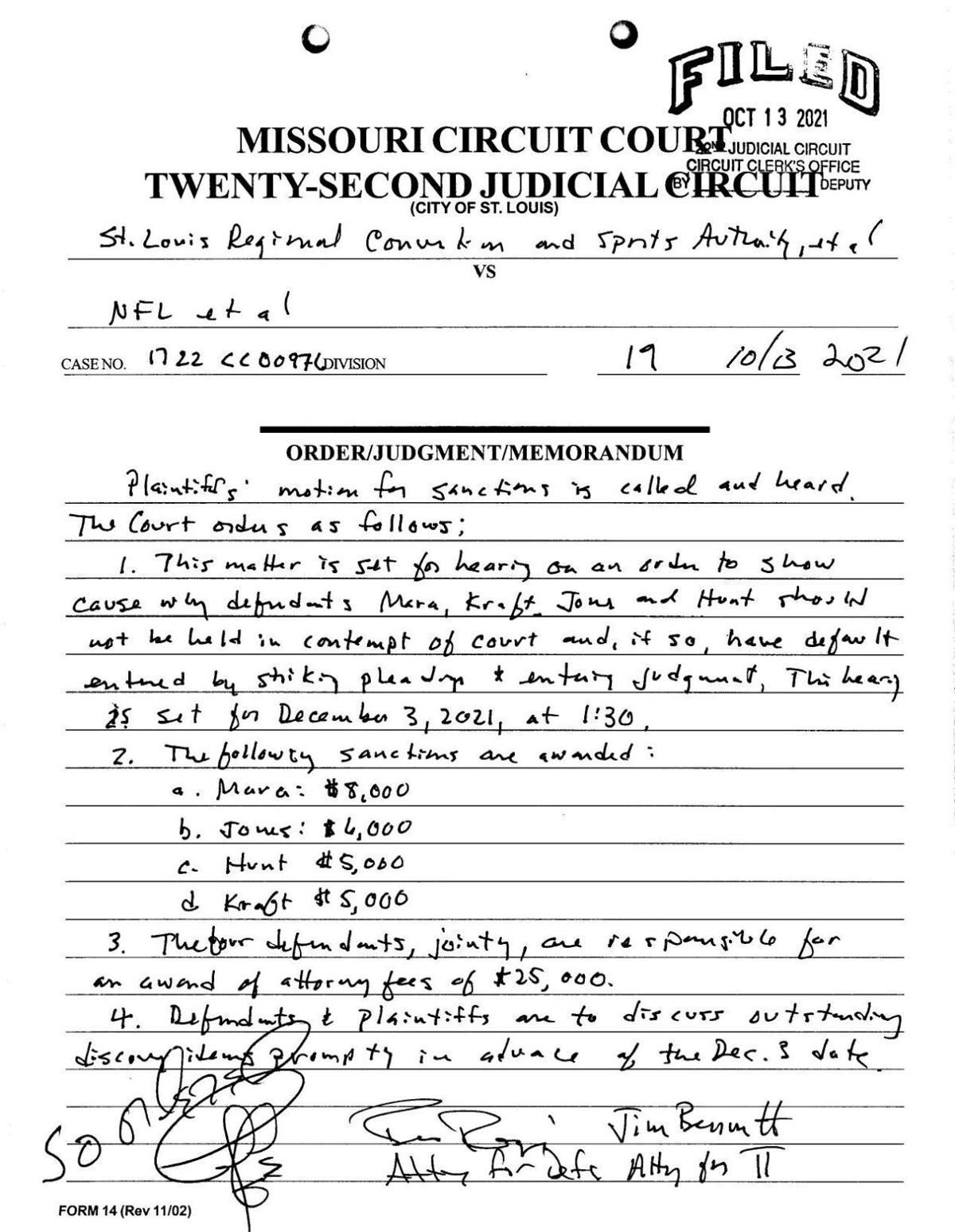 Judge Christopher McGraugh's order sanctioning NFL owners and setting contempt hearing