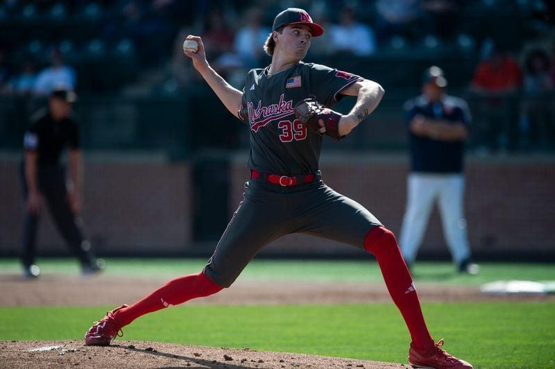 Nebraska Cornhuskers' Carson Jasa (39) pitches as Auburn Tigers take on Nebraska Cornhuskers at Plainsman Park in Auburn, Ala. on Saturday, Feb. 28, 2026. Auburn Tigers defeated Nebraska Cornhuskers 15-4.