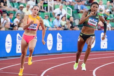 Abby Steiner and Gabby Thomas advance to the women's 200 meters finals during day eight of the U.S. Olympic Track & Field Trials at Hayward Field.