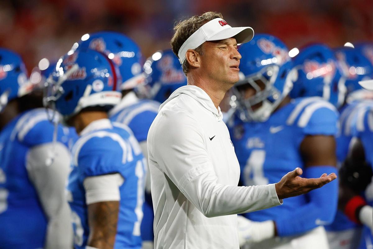 Head coach Lane Kiffin of the Mississippi Rebels reacts before the game against the Florida Gators at Vaught-Hemingway Stadium on Saturday, Nov. 15, 2025, in Oxford, Mississippi.