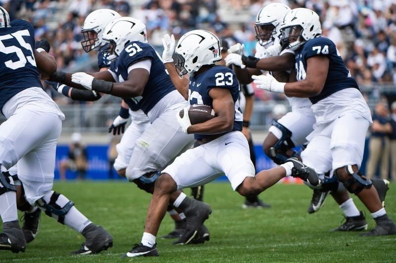 Penn State running back Tikey Hayes (23) carries the ball during the Blue-White game at Beaver Stadium on Saturday, April 26, 2025, in State College. The White team defeated the Blue team, 10-8.