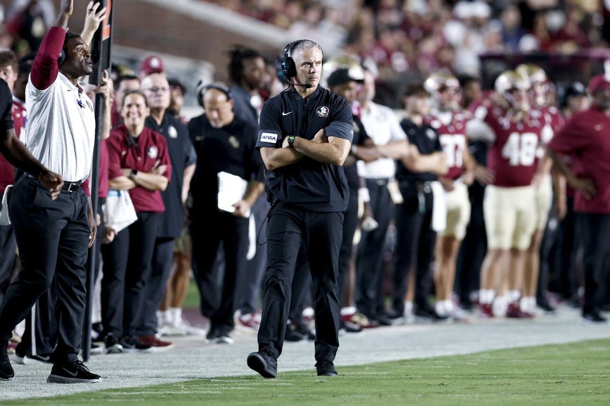 Florida State head coach Mike Norvell looks on from the sideline during the first half against SMU at Doak S. Campbell Stadium on Bobby Bowden Field on Sept. 7, 2026, in Tallahassee, Florida.