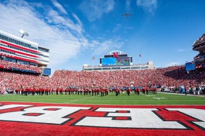 Sep 5, 2026; Lincoln, Nebraska, USA;  A TC-135W from Offutt Air Force Base performs a flyover during the national anthem before the game between the Nebraska Cornhuskers and the Ohio Bobcats at Memorial Stadium.  Mandatory Credit: Dylan Widger-Imagn Images