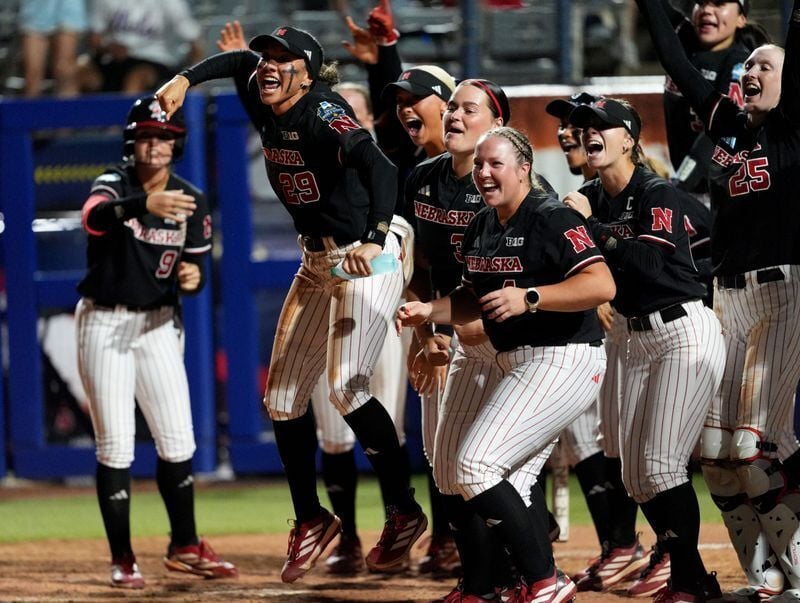Nebraska celebrates the home run of Hannah Coor (23) in the eighth inning during a Women's College World Series softball game between the Arkansas Razorbacks and the Nebraska Cornhuskers at Devon Park in Oklahoma City, May 28, 2026.
